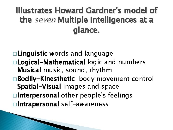 Illustrates Howard Gardner's model of the seven Multiple Intelligences at a glance. � Linguistic