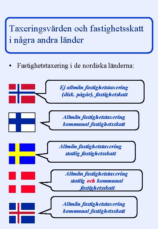 Taxeringsvärden och fastighetsskatt i några andra länder • Fastighetstaxering i de nordiska länderna: Ej