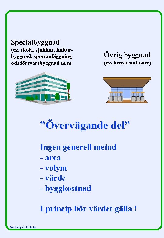 Specialbyggnad (ex. skola, sjukhus, kulturbyggnad, sportanläggning och försvarsbyggnad m m Övrig byggnad (ex. bensinstationer)