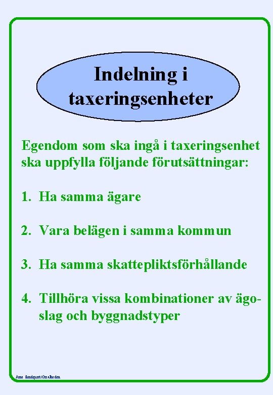 Indelning i taxeringsenheter Egendom ska ingå i taxeringsenhet ska uppfylla följande förutsättningar: 1. Ha