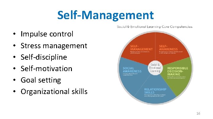 Self-Management • • • Impulse control Stress management Self-discipline Self-motivation Goal setting Organizational skills