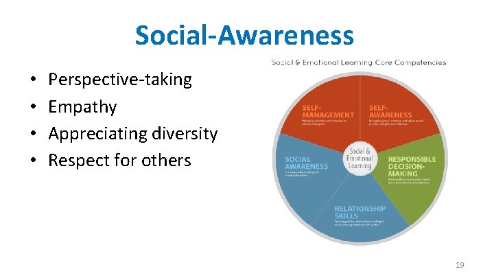 Social-Awareness • • Perspective-taking Empathy Appreciating diversity Respect for others 19 