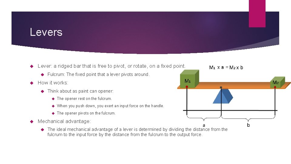 Levers Lever: a ridged bar that is free to pivot, or rotate, on a