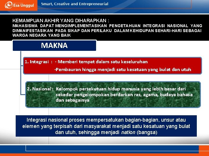 KEMAMPUAN AKHIR YANG DIHARAPKAN : MAHASISWA DAPAT MENGIMPLEMENTASIKAN PENGETAHUAN INTEGRASI NASIONAL YANG DIMANIFESTASIKAN PADA