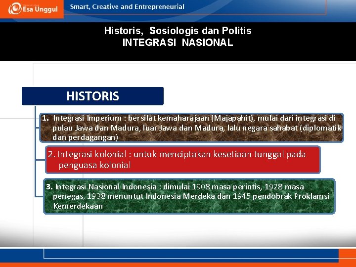 Historis, Sosiologis dan Politis INTEGRASI NASIONAL HISTORIS 1. Integrasi Imperium : bersifat kemaharajaan (Majapahit),