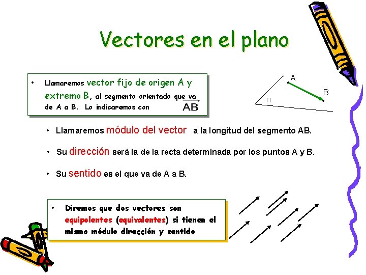 Vectores en el plano • vector fijo de origen A y extremo B, al