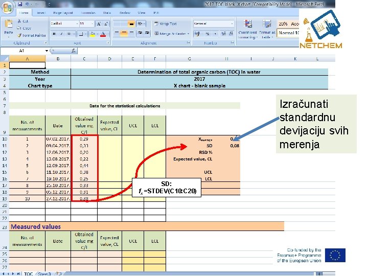 Izračunati standardnu devijaciju svih merenja SD: fx =STDEV(C 10: C 20) 