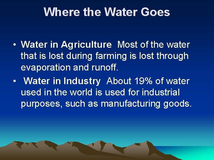 Where the Water Goes • Water in Agriculture Most of the water that is