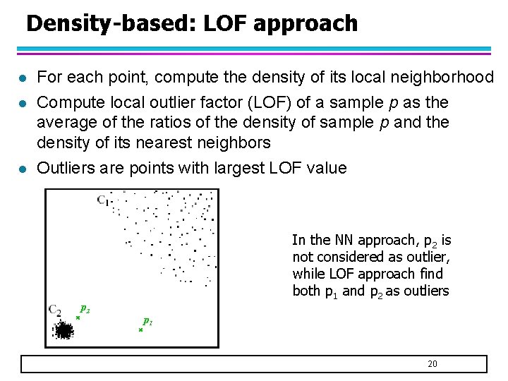 Density-based: LOF approach l l l For each point, compute the density of its