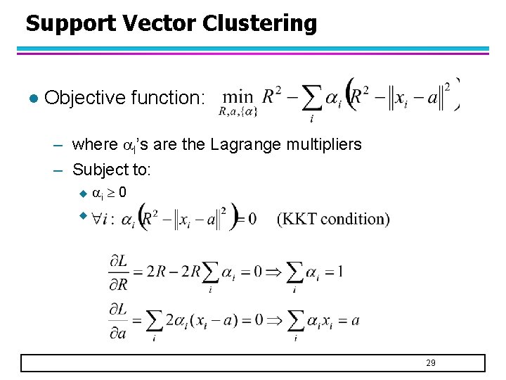 Support Vector Clustering l Objective function: – where I’s are the Lagrange multipliers –