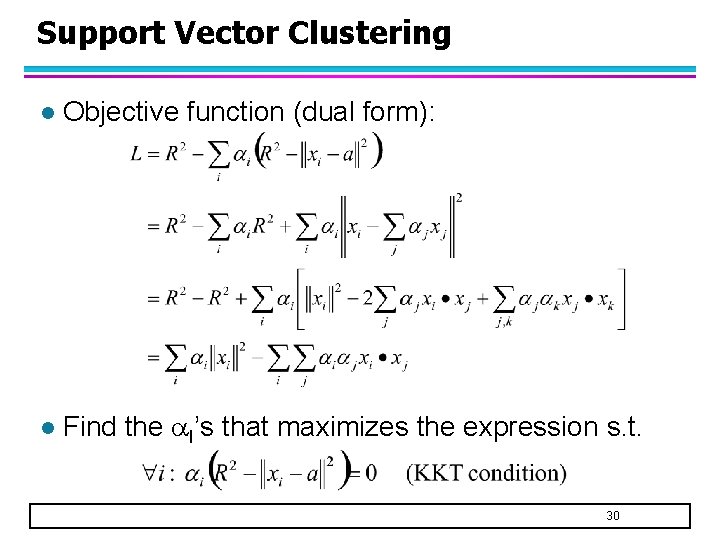 Support Vector Clustering l Objective function (dual form): l Find the I’s that maximizes