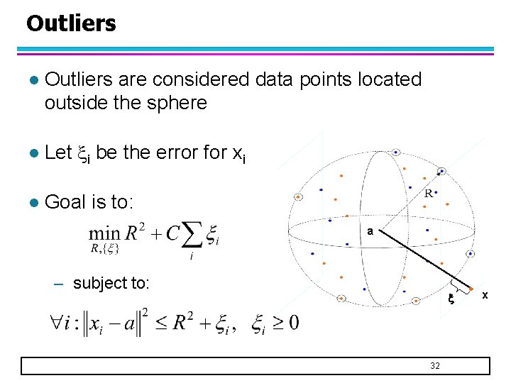Outliers l Outliers are considered data points located outside the sphere l Let i