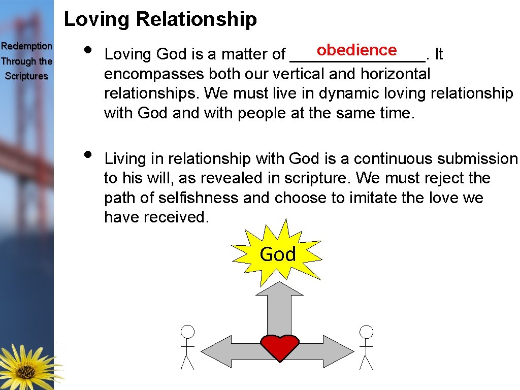 Loving Relationship Redemption Through the • Scriptures • obedience Loving God is a matter