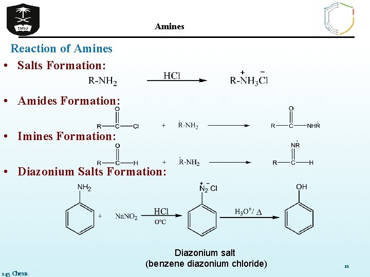 Amines Reaction of Amines • Salts Formation: • Amides Formation: • Imines Formation: •