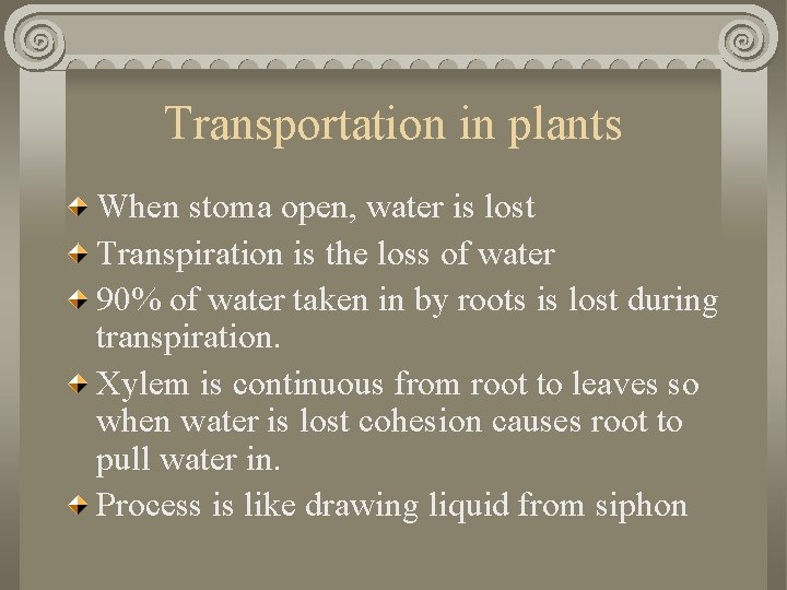 Transportation in plants When stoma open, water is lost Transpiration is the loss of
