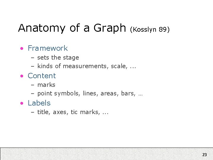 Anatomy of a Graph (Kosslyn 89) • Framework – sets the stage – kinds