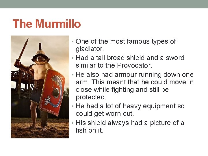 The Murmillo • One of the most famous types of gladiator. • Had a