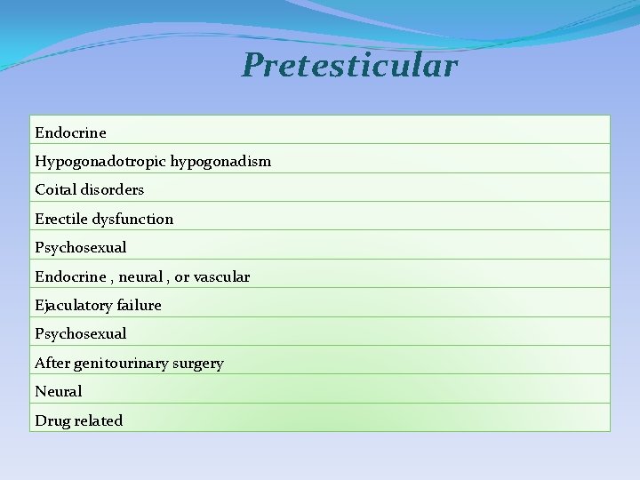 Pretesticular Endocrine Hypogonadotropic hypogonadism Coital disorders Erectile dysfunction Psychosexual Endocrine , neural , or