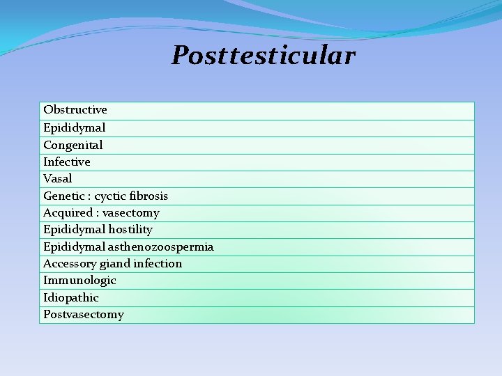 Posttesticular Obstructive Epididymal Congenital Infective Vasal Genetic : cyctic fibrosis Acquired : vasectomy Epididymal