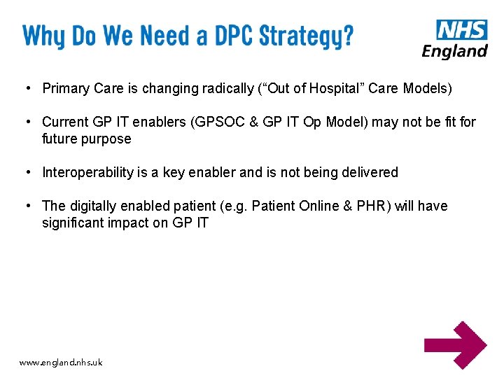  • Primary Care is changing radically (“Out of Hospital” Care Models) • Current