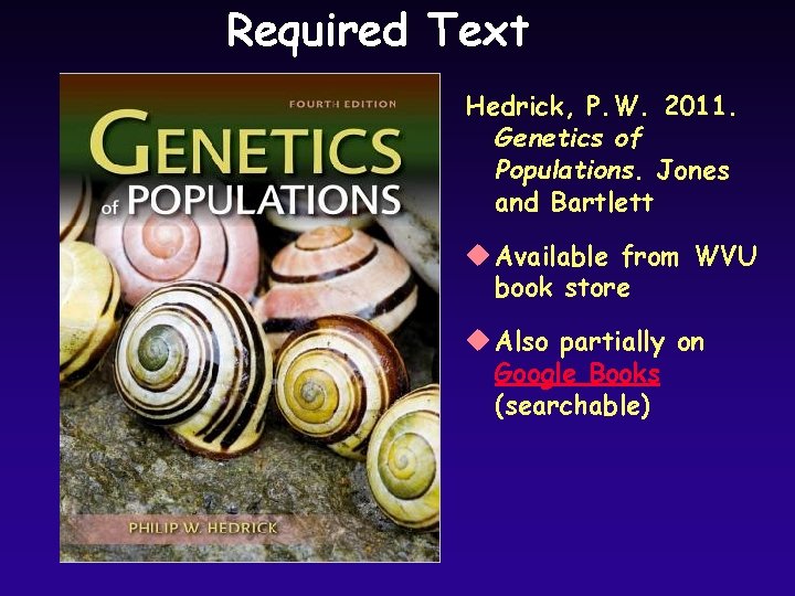 Required Text Hedrick, P. W. 2011. Genetics of Populations. Jones and Bartlett u Available Required Text Hedrick, P. W. 2011. Genetics of Populations. Jones and Bartlett u Available