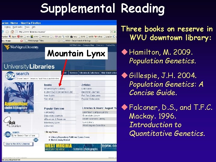 Supplemental Reading Three books on reserve in WVU downtown library: Mountain Lynx u Hamilton, Supplemental Reading Three books on reserve in WVU downtown library: Mountain Lynx u Hamilton,