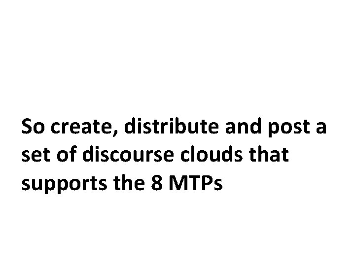 So create, distribute and post a set of discourse clouds that supports the 8