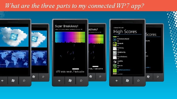 What are three parts to my connected WP 7 app? The Server… The Game…