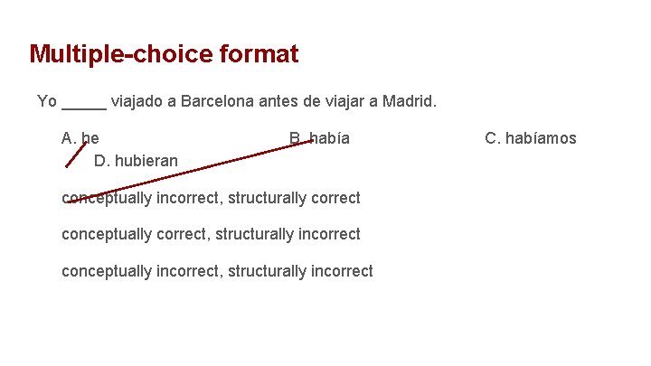 Multiple-choice format Yo _____ viajado a Barcelona antes de viajar a Madrid. A. he