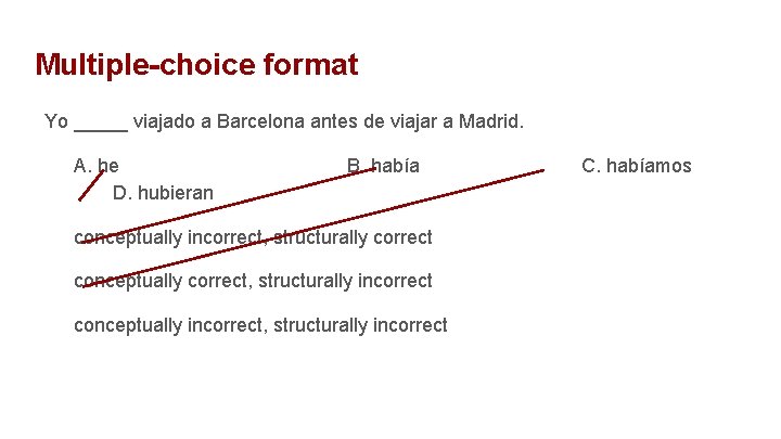 Multiple-choice format Yo _____ viajado a Barcelona antes de viajar a Madrid. A. he