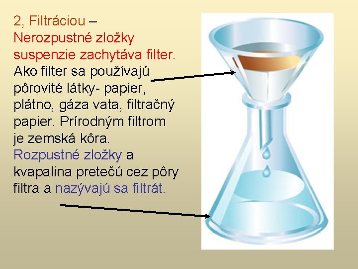 2, Filtráciou – Nerozpustné zložky suspenzie zachytáva filter. Ako filter sa používajú pôrovité látky-
