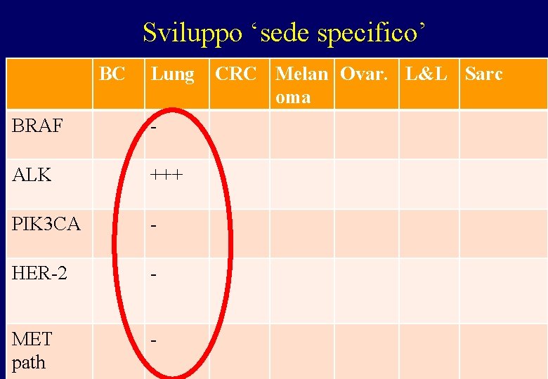 Sviluppo ‘sede specifico’ BC Lung BRAF - ALK +++ PIK 3 CA - HER-2