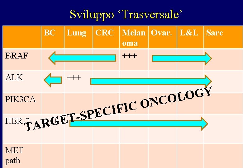 Sviluppo ‘Trasversale’ BC Lung BRAF ALK CRC Melan Ovar. L&L Sarc oma +++ PIK