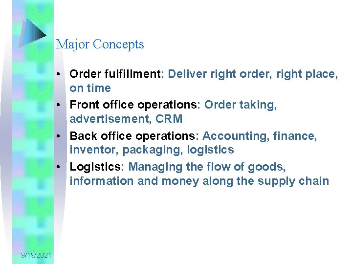 Major Concepts • Order fulfillment: Deliver right order, right place, on time • Front