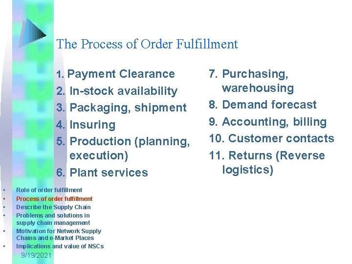 The Process of Order Fulfillment 1. Payment Clearance 2. In-stock availability 3. Packaging, shipment