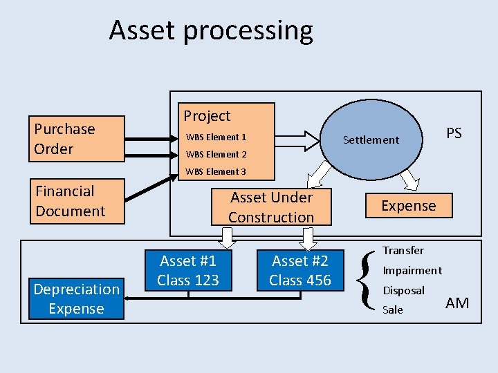 Asset processing Purchase Order Project WBS Element 1 Settlement PS WBS Element 2 WBS