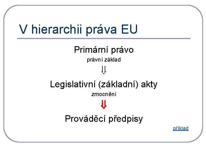 V hierarchii práva EU Primární právo právní základ Legislativní (základní) akty zmocnění Prováděcí předpisy