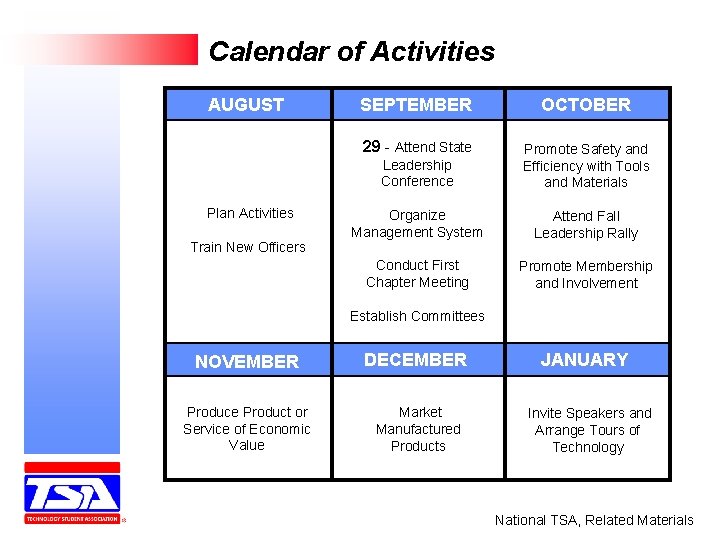 Calendar of Activities AUGUST Plan Activities Train New Officers SEPTEMBER OCTOBER 29 - Attend