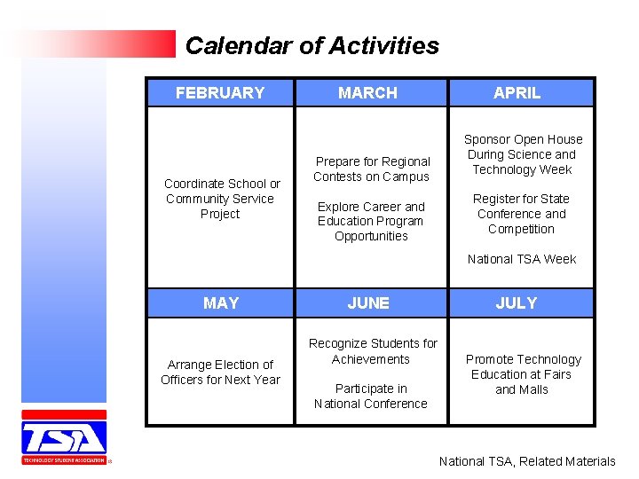 Calendar of Activities FEBRUARY Coordinate School or Community Service Project MARCH Prepare for Regional