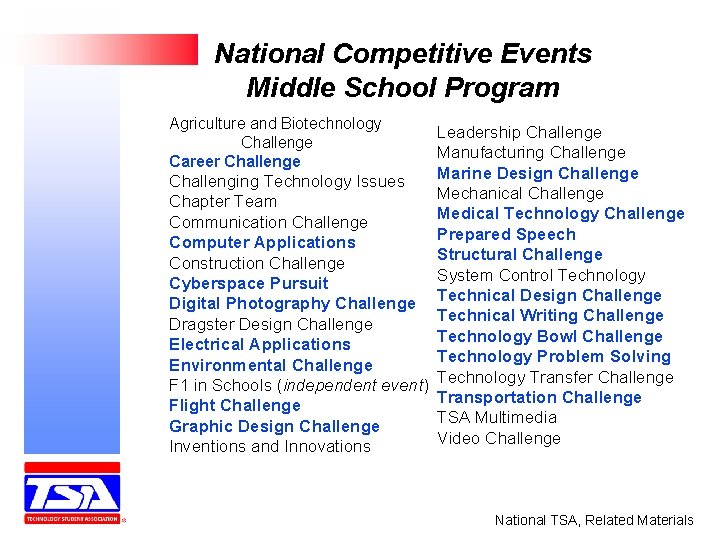 National Competitive Events Middle School Program Agriculture and Biotechnology Challenge Career Challenge Leadership Challenge