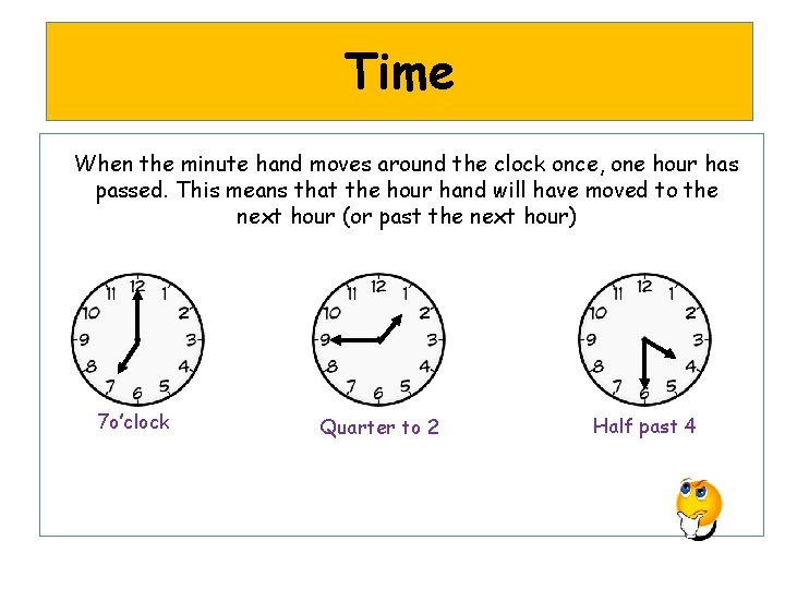 Time When the minute hand moves around the clock once, one hour has passed.