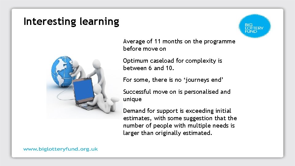 Interesting learning Average of 11 months on the programme before move on Optimum caseload