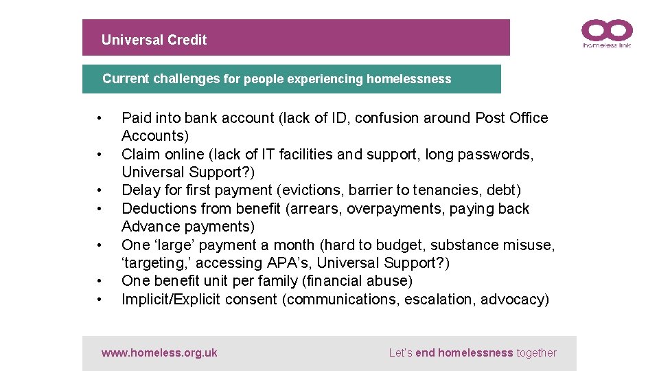 Universal Credit Current challenges for people experiencing homelessness • • Paid into bank account