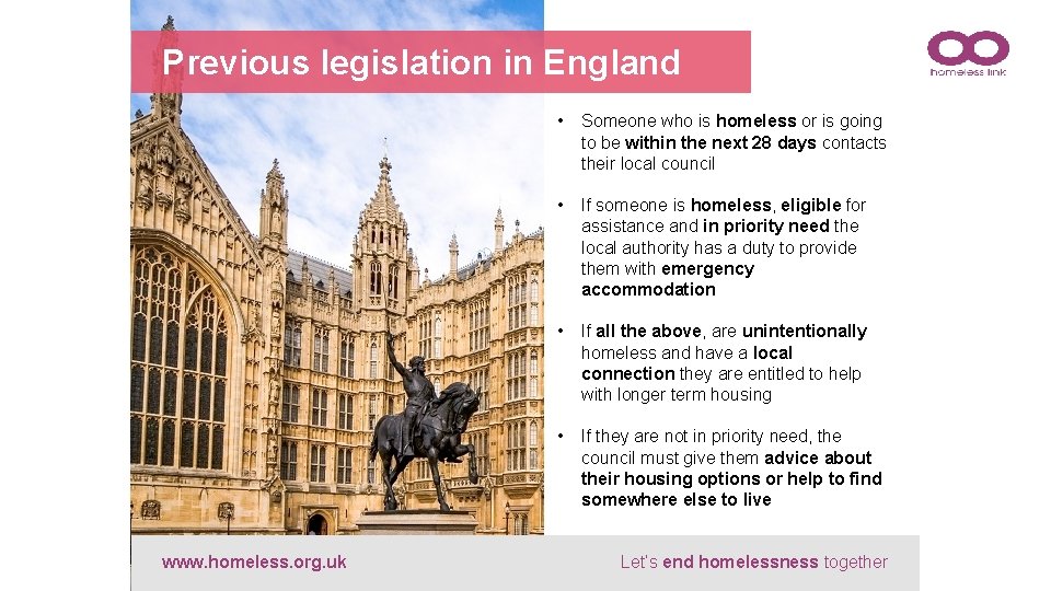 Previous legislation in England www. homeless. org. uk • Someone who is homeless or