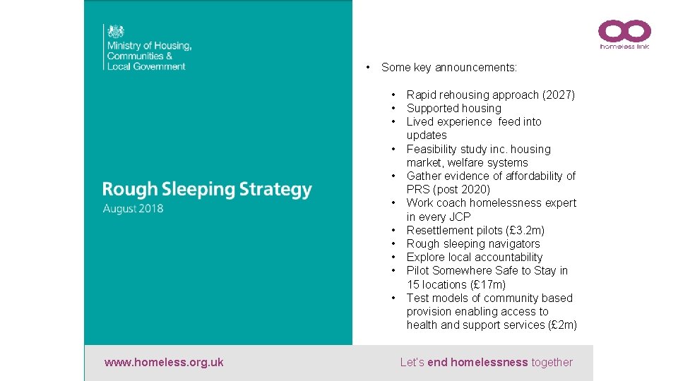  • Some key announcements: • • • www. homeless. org. uk Rapid rehousing