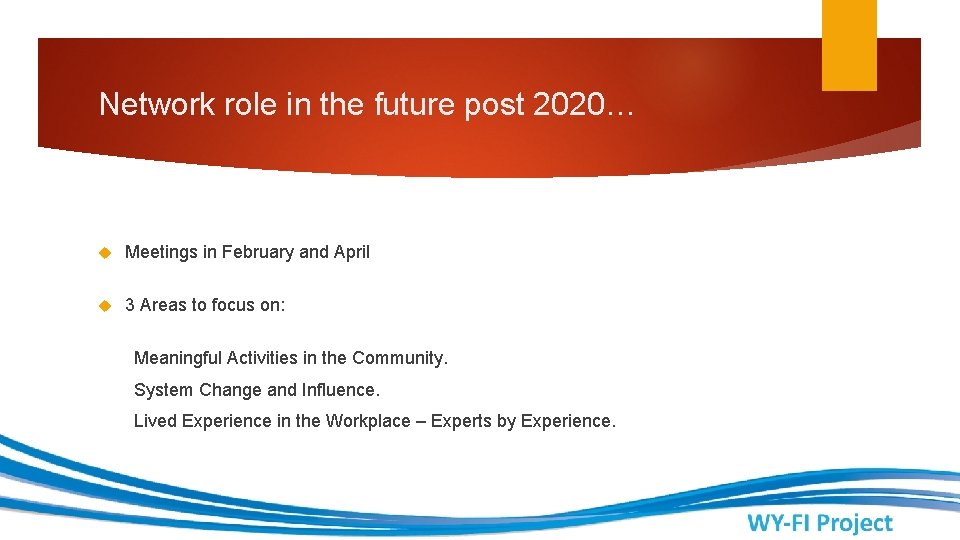 Network role in the future post 2020… Meetings in February and April 3 Areas