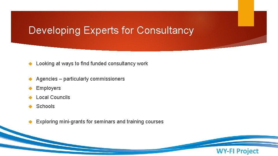 Developing Experts for Consultancy Looking at ways to find funded consultancy work Agencies –