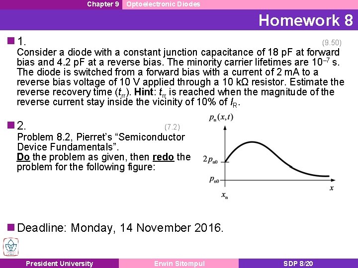 Chapter 9 Optoelectronic Diodes Homework 8 1. (9. 50) Consider a diode with a