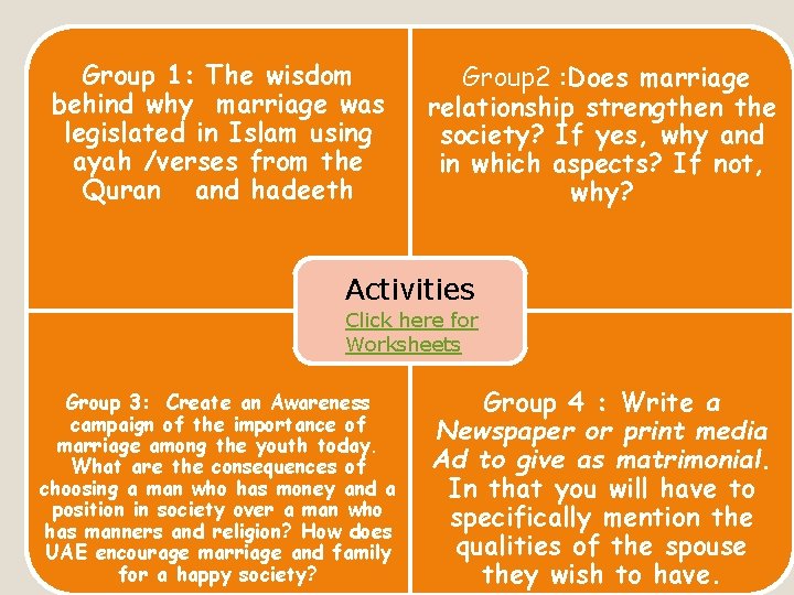 Group 1: The wisdom behind why marriage was legislated in Islam using ayah /verses