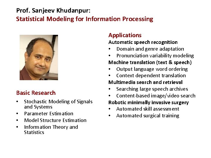 Prof. Sanjeev Khudanpur: Statistical Modeling for Information Processing Applications Basic Research • • Stochastic